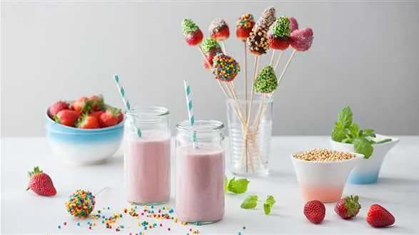 Koktajl truskawkowy i truskawki w czekoladzie